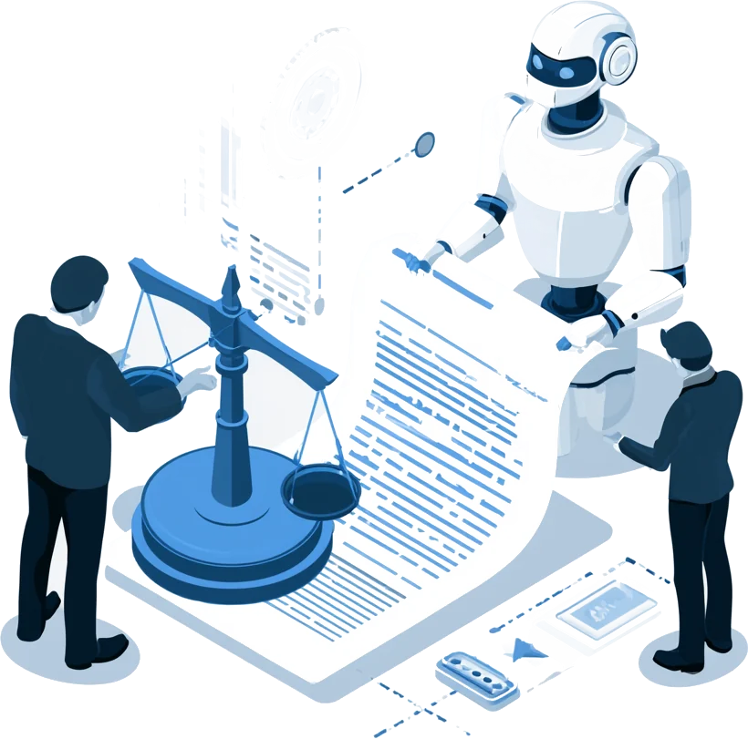 Two people examining a long contract on a bench while an AI assistant holds it open beside a set of scales